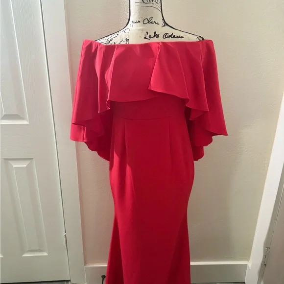 vince camuto red off shoulder dress Vince Camuto Off-the-Shoulder Ruffle Hi-Low Cape Gown, Womens, 0, Cherry